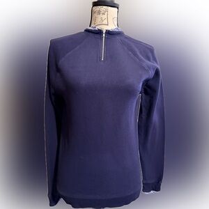 J. Crew Women's Navy Sweater with Navy and White Ruffle Neck and Sleeve Ends